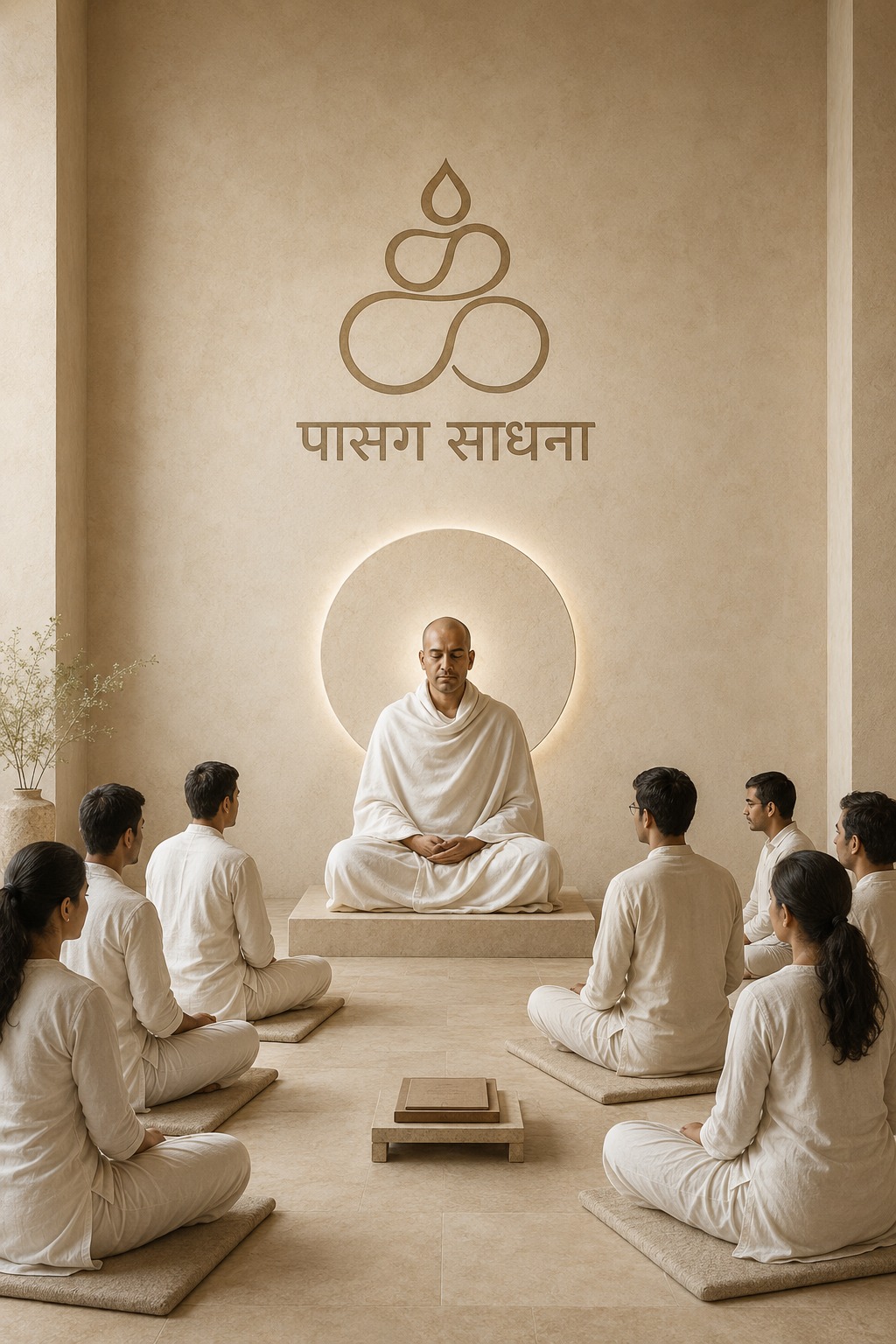 Sadhaks seated in meditation around their guru in the Pasag Sadhana hall