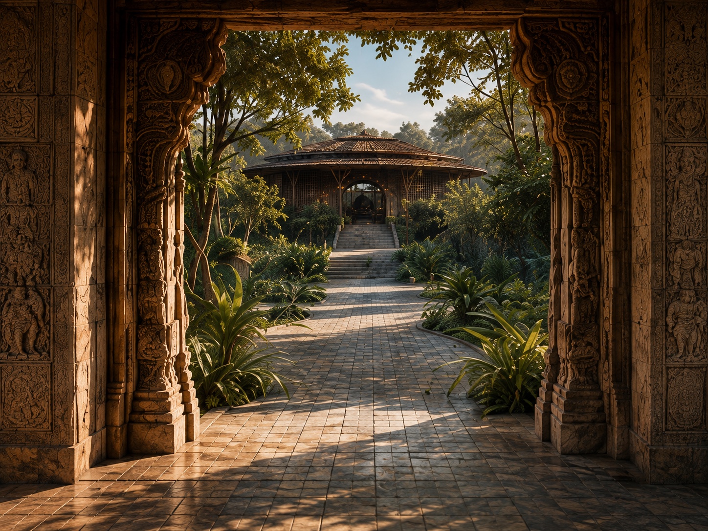 Pasag Vihar gateway — carved stone facade with planted terrace
